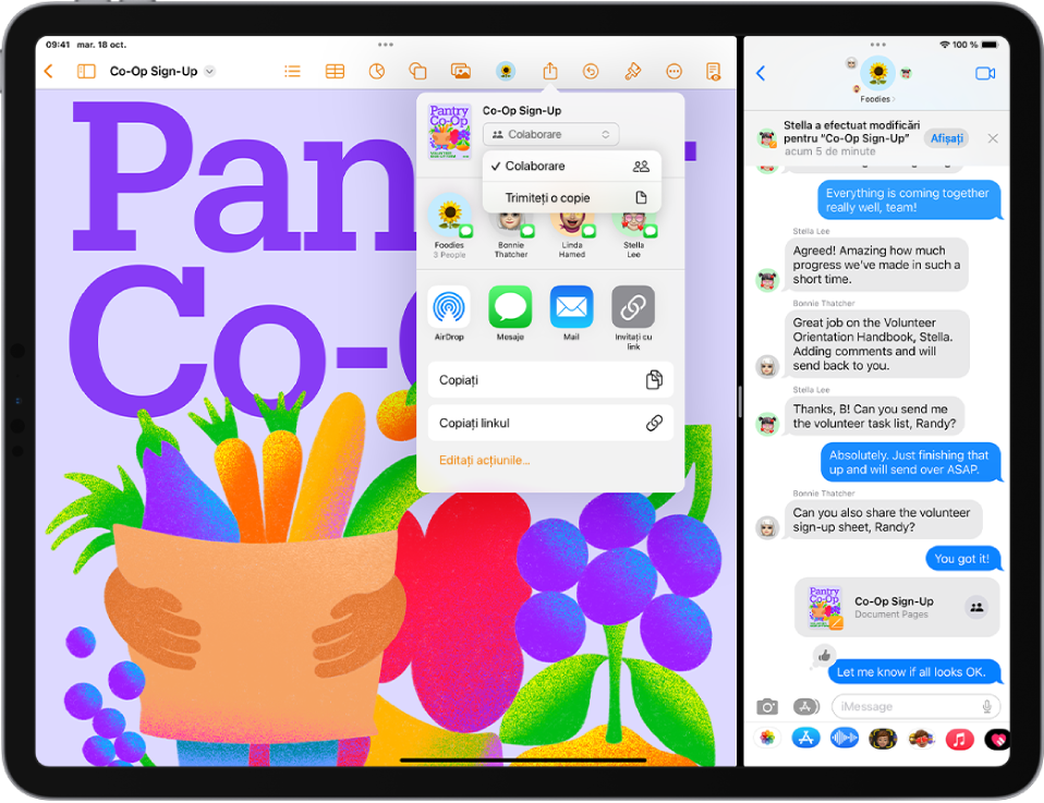 Un document Pages se află în partea stângă a ecranului, iar butonul de partajare din partea de sus a ecranului este selectat. O conversație de grup din aplicația Mesaje se află în partea dreaptă a ecranului, iar documentul Pages a fost partajat în panoul mesajului.