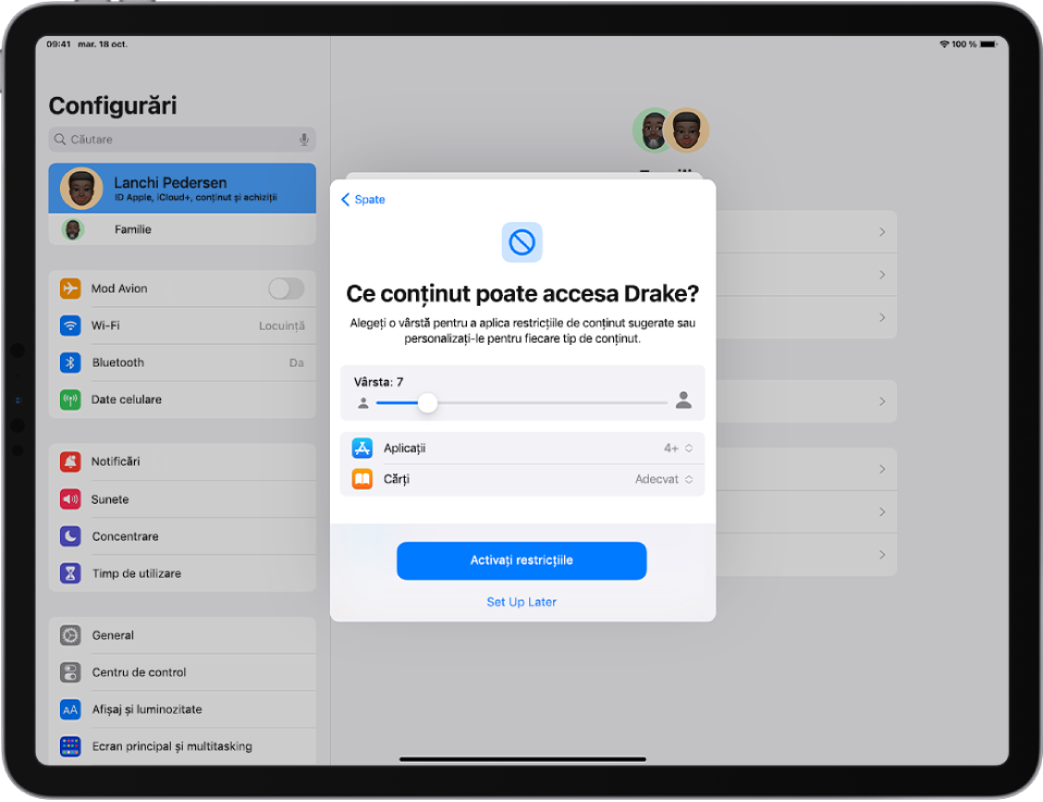 Ecranul de configurare de pe un iPad pentru configurarea unui nou dispozitiv cu restricții de conținut pentru un copil. Vârsta este configurată la 7 ani și se afișează sugestii de conținut pentru aplicații, cărți și emisiuni TV.