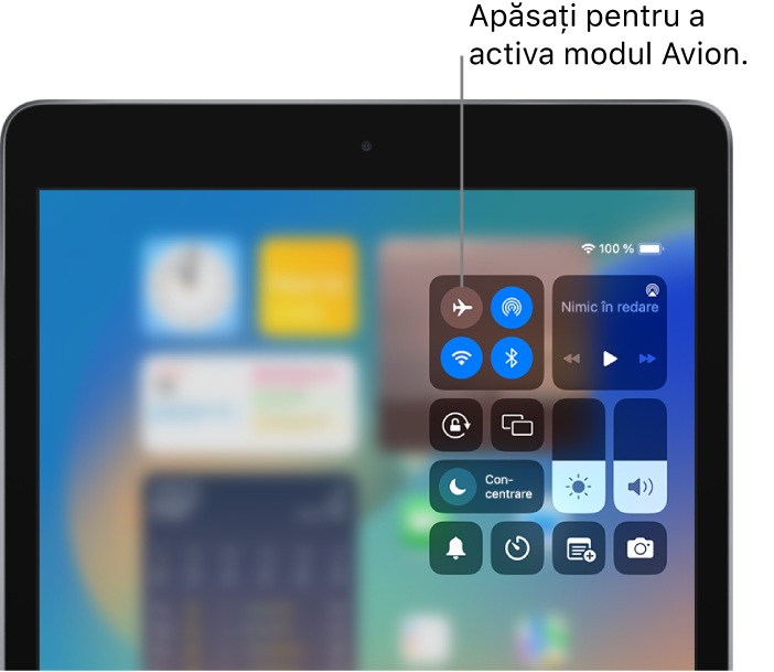 Ecranul Centru de control indicând faptul că o apăsare pe butonul din stânga sus activează modul Avion.