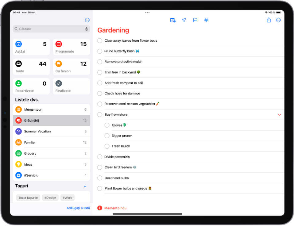 Un ecran Mementouri afișând listele de mementouri în stânga și o listă cu lucruri de făcut în dreapta. Butoanele Adăugați o listă și Memento nou se află în partea de jos a ecranului.