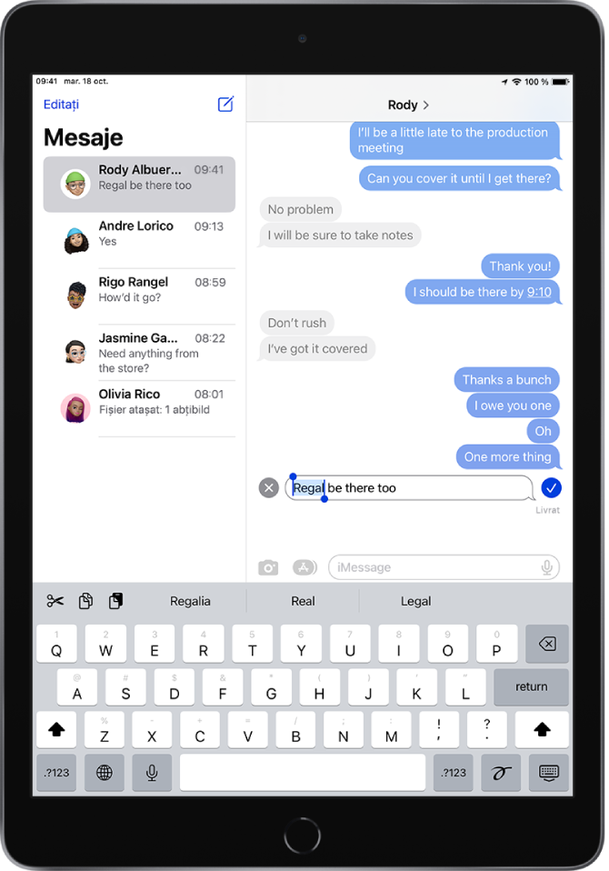 O conversație în Mesaje afișând ultimul mesaj în curs de editare.