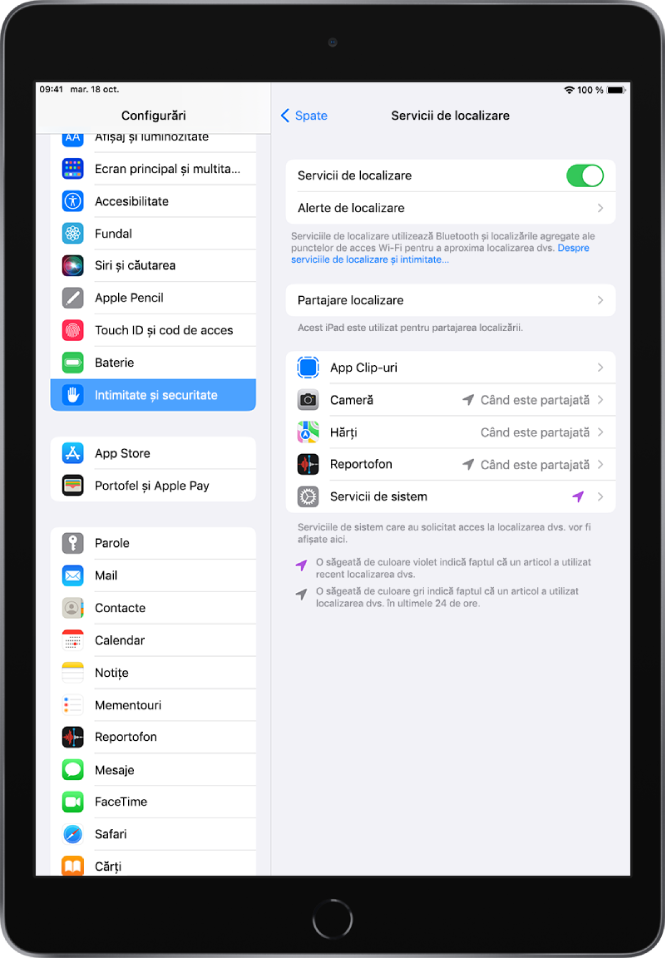 Configurările Servicii de localizare din configurările Intimitate și securitate, cu opțiuni pentru partajarea localizării iPad‑ului, inclusiv configurări personalizate pentru aplicații individuale.
