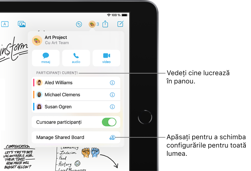 Un panou partajat cu meniul de colaborare vizibil.