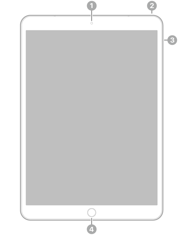 Vedere frontală a unui iPad Air cu explicații pentru camera frontală în partea centrală sus, butonul de sus în partea din dreapta sus, butoanele de volum pe dreapta și butonul principal/Touch ID în partea din centru jos.