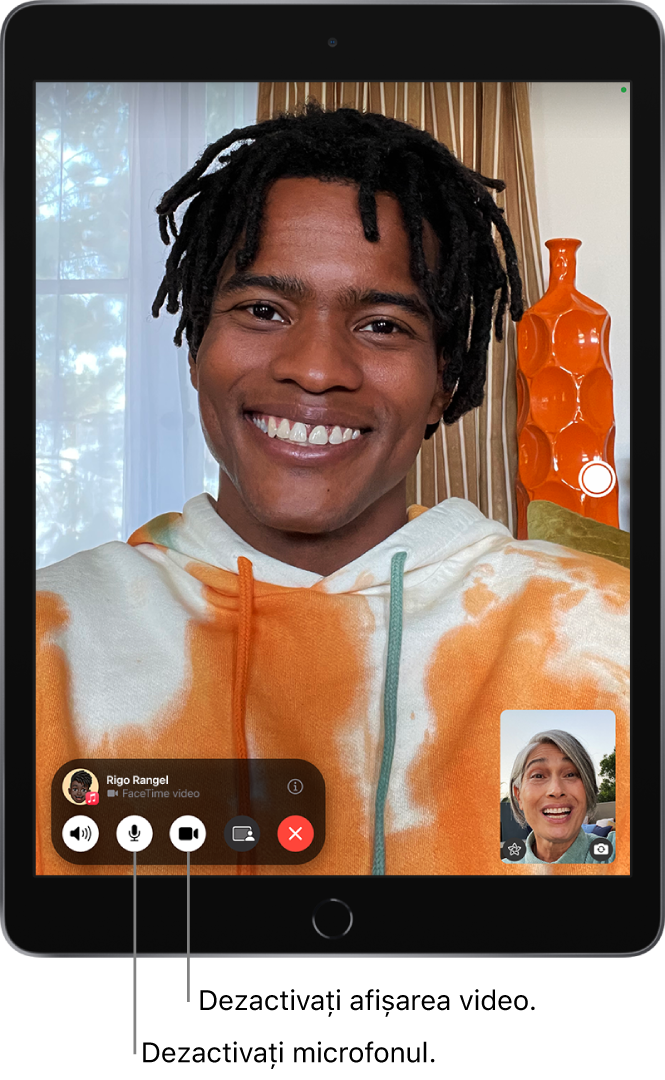 Un apel FaceTime în curs. Imaginea dvs. apare într-o fereastră mică în apropierea părții din dreapta jos, iar imaginea celeilalte persoane umple restul ecranului. Fereastra mică include butoanele Efecte și Comutați la camera din spate. Butonul Live Photo se află în partea dreaptă a ecranului. Comenzile FaceTime se află în partea de jos a ecranului, inclusiv butoanele pentru audio, microfon, cameră, partajarea conținutului și încheierea apelului. În partea de sus a comenzilor se află numele sau ID-ul Apple al persoanei cu care vorbiți și butonul Informații.