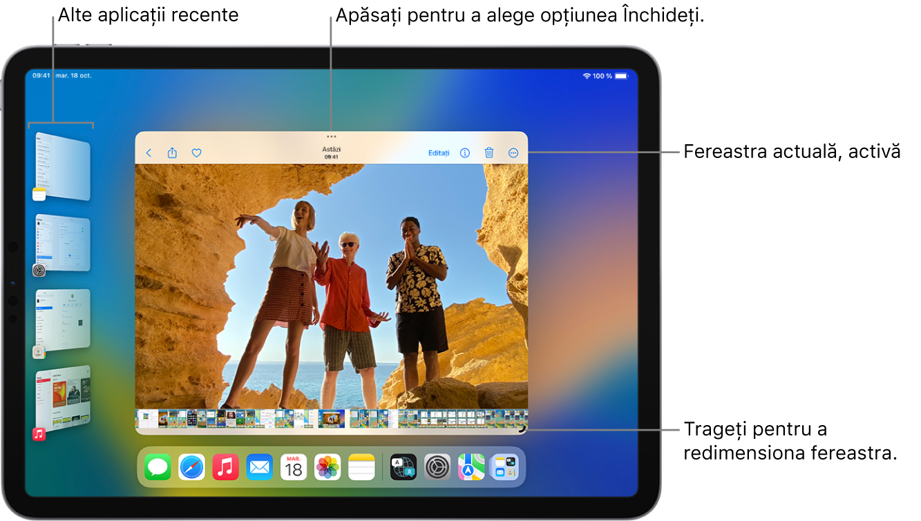 Ecranul unui iPad cu funcționalitatea Manager de scenă activată. Fereastra curentă este în centrul ecranului, cu comenzile multitasking în partea de sus și un control de redimensionare în colțul din dreapta jos. Aplicațiile recente apar într-o listă în partea stângă. Aplicațiile din Dock apar în partea de jos a ecranului.
