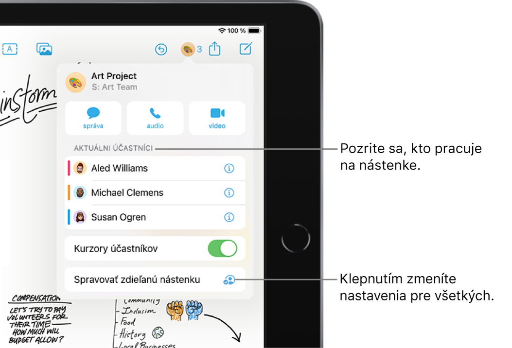 Zdieľaná nástenka so zobrazeným menu spolupráce.