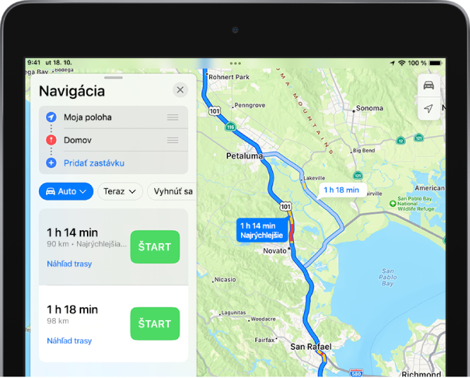 Mapa s dvoma trasami zobrazená v oblasti North Bay neďaleko San Francisca. Je vybraná najrýchlejšia trasa.