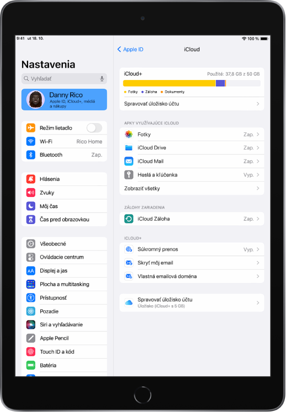 Obrazovka Nastavenia s vybraným menom užívateľa v hornej časti postranného panela na ľavej strane obrazovky. Na pravej strane obrazovky sú nastavenia iCloudu vrátane merača iCloud úložiska a zoznamu apiek a funkcií vrátane Fotiek, iCloud Drivu, iCloud Mailu a Hesiel a kľúčenky.