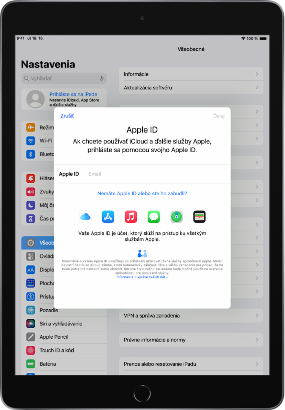 Obrazovka Nastavenia, na ktorej sa v strede zobrazuje dialógové okno prihlásenia pomocou Apple ID.