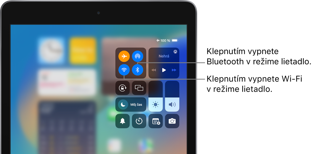 Ovládacie centrum zo zapnutým režimom Lietadlo. V blízkosti ľavého horného rohu Ovládacieho centra sa zobrazujú tlačidlá na vypnutie rozhraní Wi-Fi a Bluetooth.