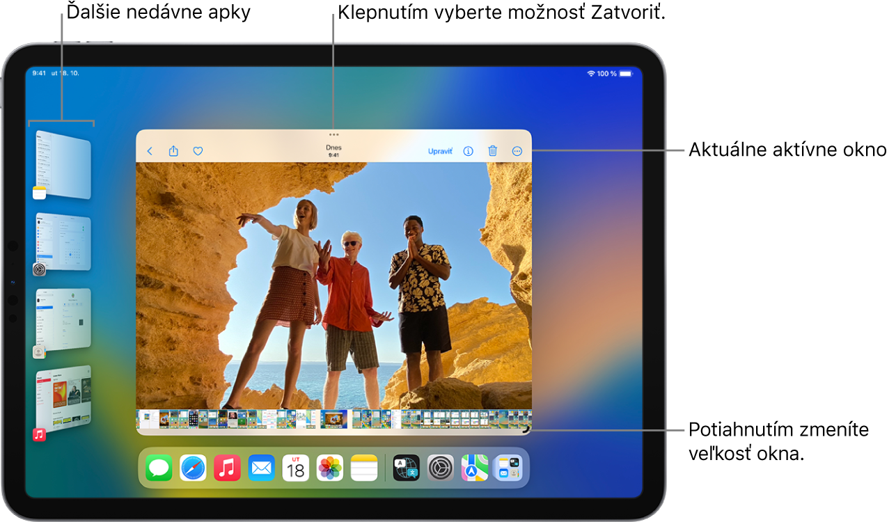 Obrazovka iPadu so zapnutou funkciou Stage Manager. Aktuálne okno je v strede obrazovky s ovládacími prvkami multitaskingu v hornej časti a ovládacím prvkom na zmenu veľkosti v pravom dolnom rohu. V zozname na ľavej strane sú uvedené naposledy používané apky. Apky v Docku sa zobrazujú v dolnej časti obrazovky.