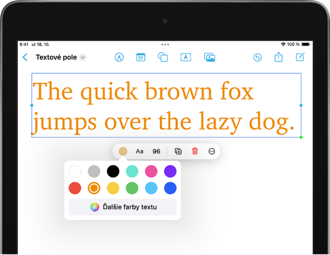 Vybraný text na nástenke apky Freeform, pod ktorým sú formátovacie nástroje.