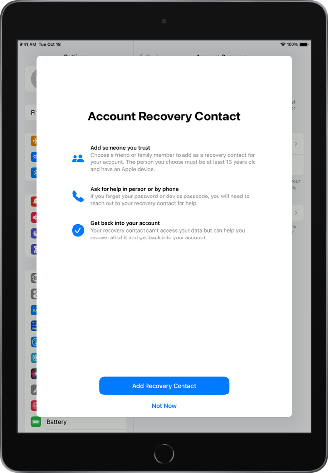 Zaslon Account Recovery Contact z informacijami o funkciji. Gumb Add Recovery Contact je na dnu.
