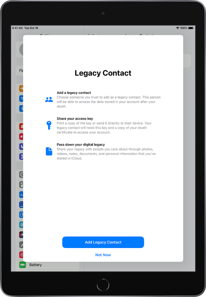 Zaslon Legacy Contact z informacijami o funkciji. Gumb Add Legacy Contact je na dnu.