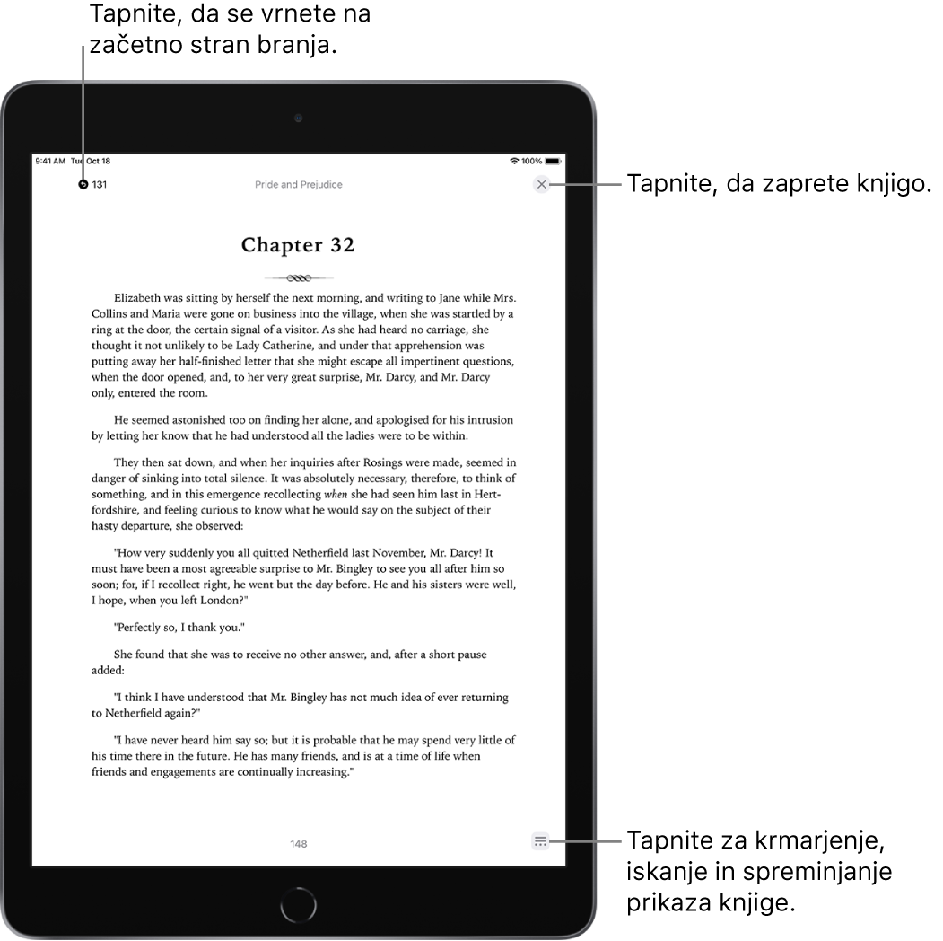 Stran knjige v aplikaciji Books. Na vrhu zaslona sta gumba za vrnitev na stran, na kateri ste začeli brati, in za zapiranje knjige. V spodnjem desnem kotu zaslona je gumb Menu.