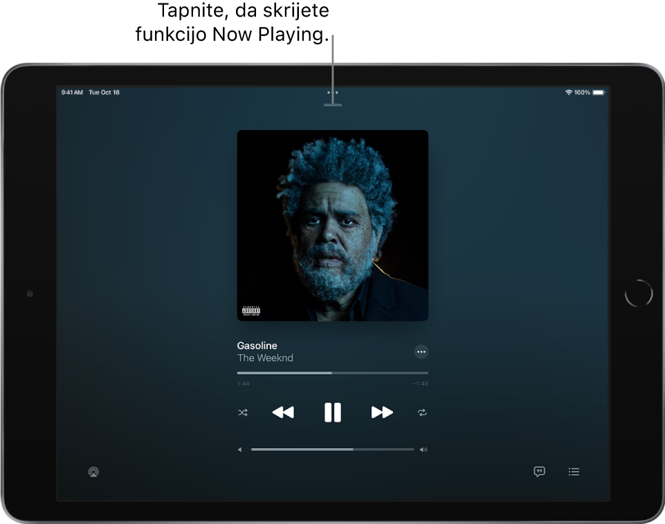 Zaslon Now Playing prikazuje naslovnico albuma. Spodaj so naslov pesmi, izvajalec, gumb More, drsnik v vrstici predvajanja, kontrolniki predvajanja, drsnik za glasnost ter gumb Playback Destination, gumb Lyrics in gumb Queue. Gumb Hide Now Playing je na vrhu.