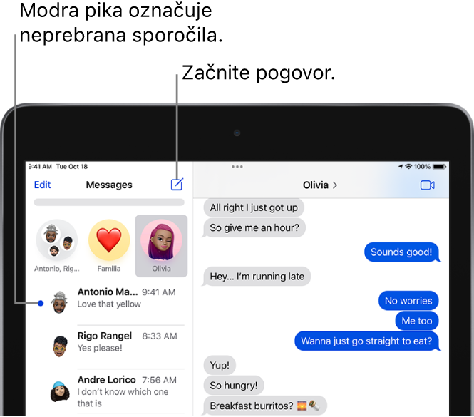 Seznam Messages z gumbom Edit zgoraj levo in gumbom za preklop na FaceTime zgoraj desno. Modra pika levo od sporočila označuje neprebrano sporočilo.