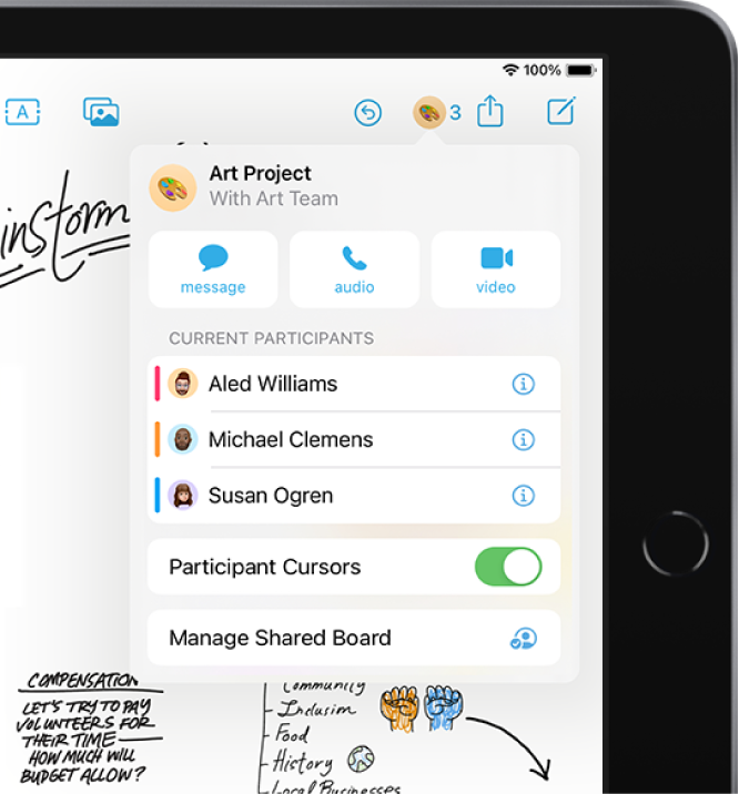 iPad z odprto aplikacijo Freeform in njenimi možnostmi sodelovanja.