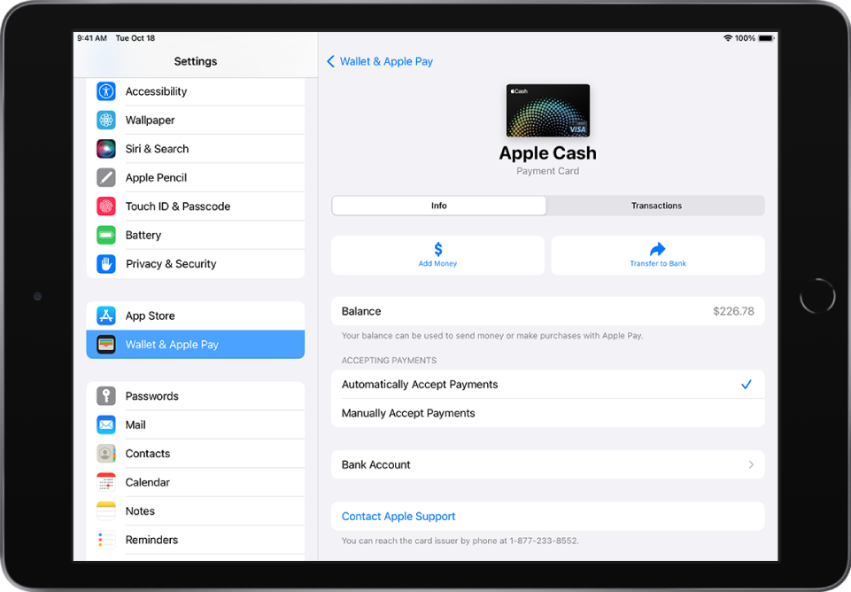 Zaslon s podrobnostmi kartice Apple Cash, ki prikazuje gumb Add Money in gumb Transfer to Bank v srednjem desnem delu nad stanjem na računu.