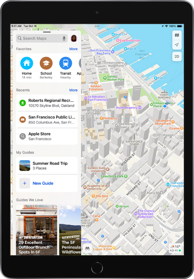 Zemljevid San Francisca z različnimi priljubljenimi lokacijami, ki so prikazane pod iskalnim poljem: dom, šola in javni prevoz.