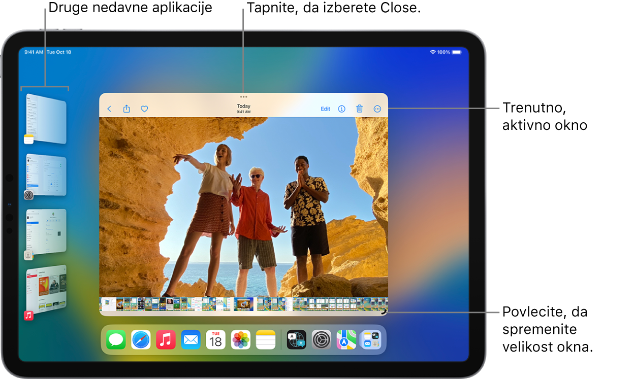 Zaslon iPada z vklopljeno aplikacijo Stage Manager. Trenutno okno je v središču zaslona z večopravilnimi kontrolami na vrhu in nadzorom spreminjanja velikosti v spodnjem desnem kotu. Nedavne aplikacije so prikazane na seznamu na levi strani. Na dnu zaslona se prikažejo aplikacije v vrstici Dock.