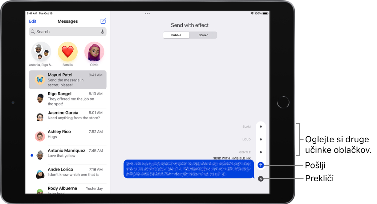 Predogled sporočila z učinkom Invisible Ink. Na desni strani kontrolniki prikazujejo predoglede drugih učinkov mehurčkov ter gumba Send in Cancel.