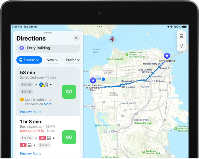 Zemljevid s prikazom poti javnega prevoza. Kartica poti na levi prikazuje gumba Go za več možnosti na poti.