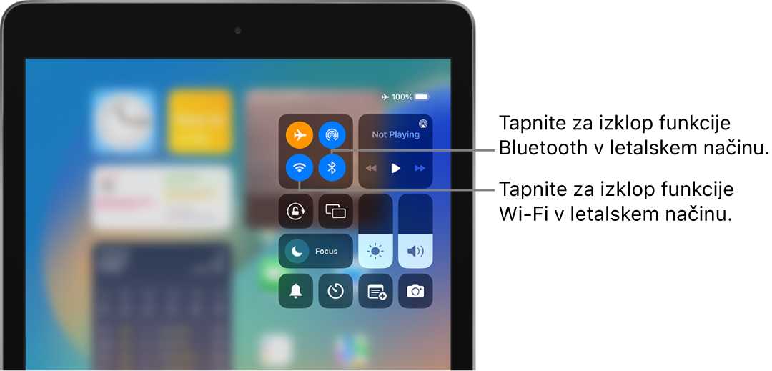 Aplikacija Control Center z vklopljenim letalskim načinom. Gumbi za izklop povezave Wi-Fi in povezave Bluetooth so v zgornjem levem kotu aplikacije Control Center.