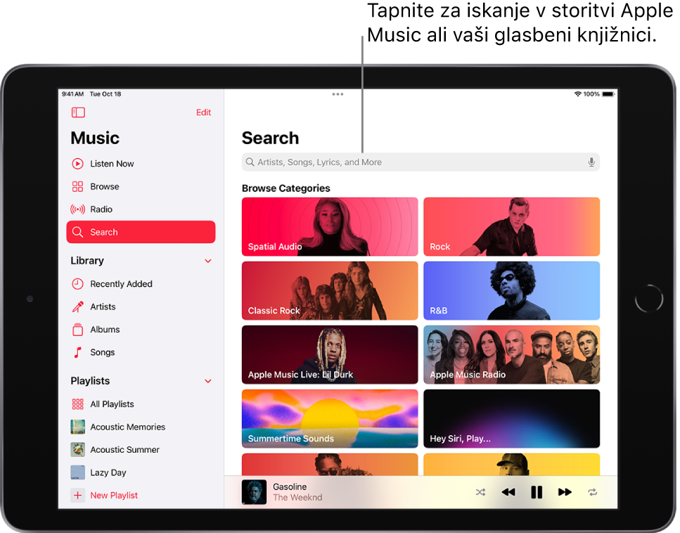 Zaslon Search s prikazom stranske vrstice na levi in iskalnim poljem zgoraj desno. Razdelek Browse Categories spodaj prikazuje več kategorij.