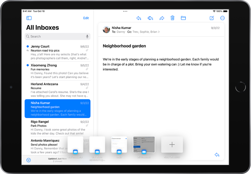 Okno aplikacije Mail, ki prikazuje e-poštna sporočila v vseh nabiralnikih na levi strani in pet sličic na dnu zaslona.