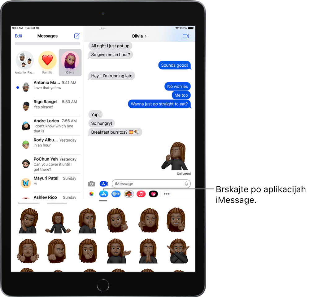 Pogovor v aplikaciji Messages z izbrano ikono aplikacije Memoji iMessage in nalepko Memoji na dnu zaslona.