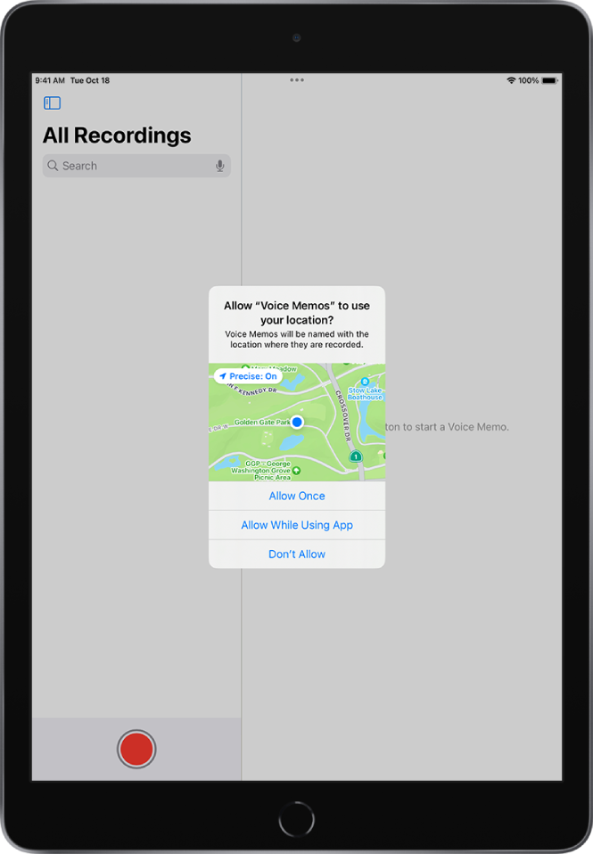 Zahteva aplikacije za uporabo podatkov o lokaciji v iPadu. Možnosti so Allow Once, Allow While Using App in Don’t Allow.