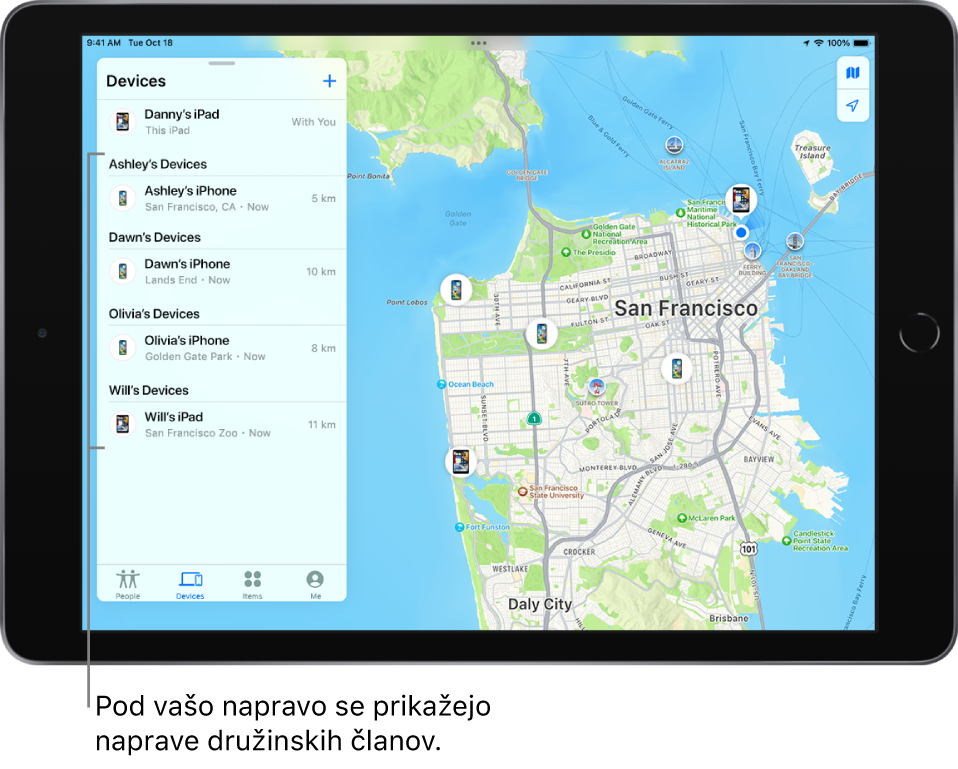 Zavihek Naprave v Find My. Dannyjev iPad je na vrhu seznama. Spodaj so naprave Ashley, Dawn, Olivia in Will.
