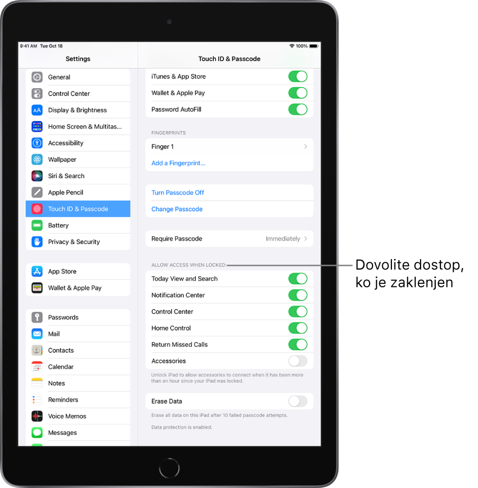 Dotaknite se nastavitev Touch ID & Passcode z možnostmi za omogočanje dostopa do določenih funkcij, ko je iPad zaklenjen.