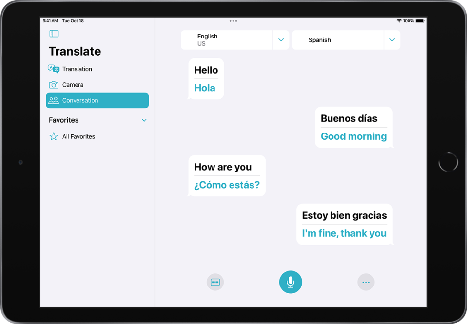 Zavihek Conversation, ki prikazuje oblačke klepeta in njihove prevode.