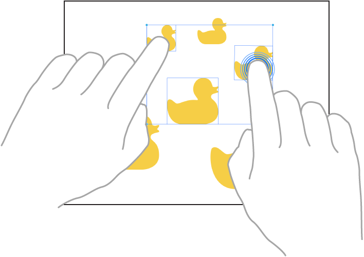 Ilustracija, ki prikazuje dva prsta, kako izbirata elemente v aplikaciji Freeform.