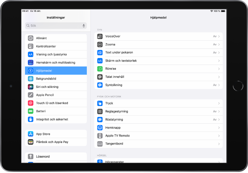 Skärmen Inställningar på iPad. På vänstra sidan av skärmen finns sidofältet Inställningar där Hjälpmedel är valt. På högra sidan av skärmen finns alternativen för att anpassa hjälpmedelsfunktioner.