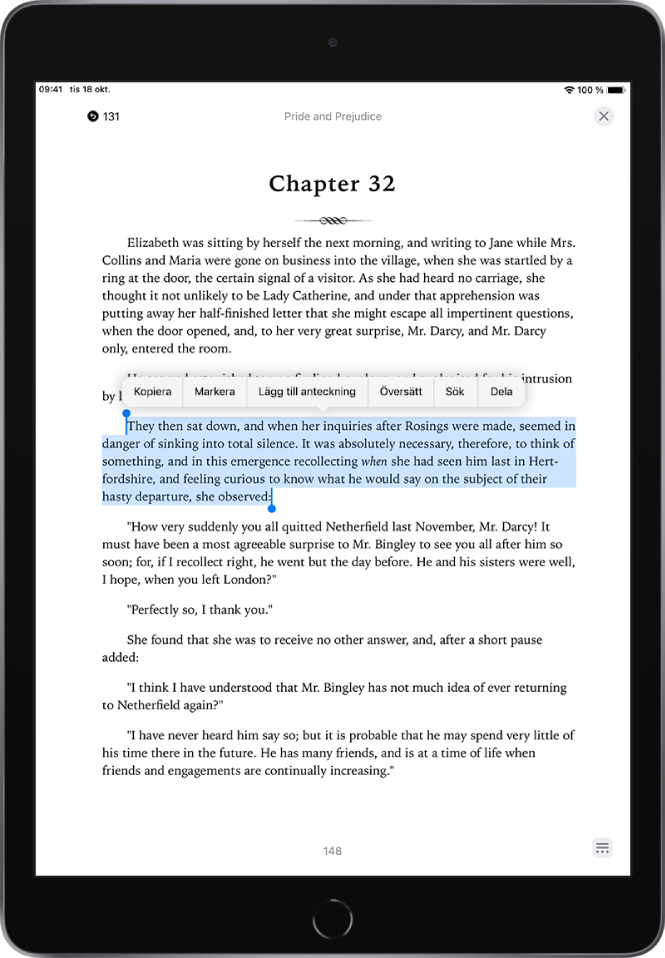 En sida i en bok i appen Böcker där en del av sidans text är markerad. Reglagen för att kopiera, markera och lägga till anteckning finns ovanför den markerade texten.
