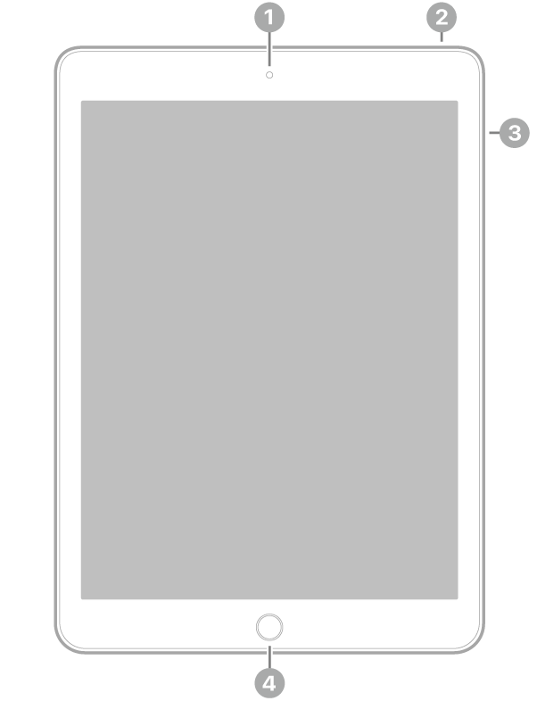Framsidan på iPad med linjer som pekar på kameran på framsidan högst upp i mitten, den övre knappen till höger på ovansidan, volymknapparna till höger och hemknappen/Touch ID längst ned i mitten.