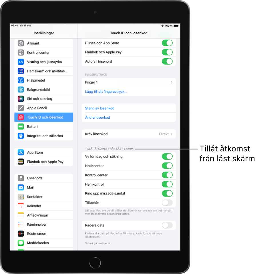 Inställningarna Touch ID och lösenkod med alternativ för att ge åtkomst till specifika funktioner när iPad är låst.
