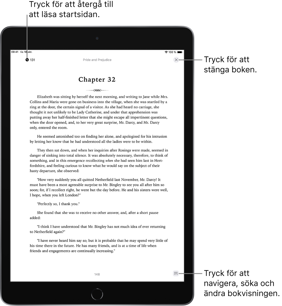 En sida i en bok i appen Böcker. Högst upp på skärmen finns knapparna för att återgå till den sida där du började läsa och för att stänga boken. Längst ned till höger på skärmen finns menyknappen.