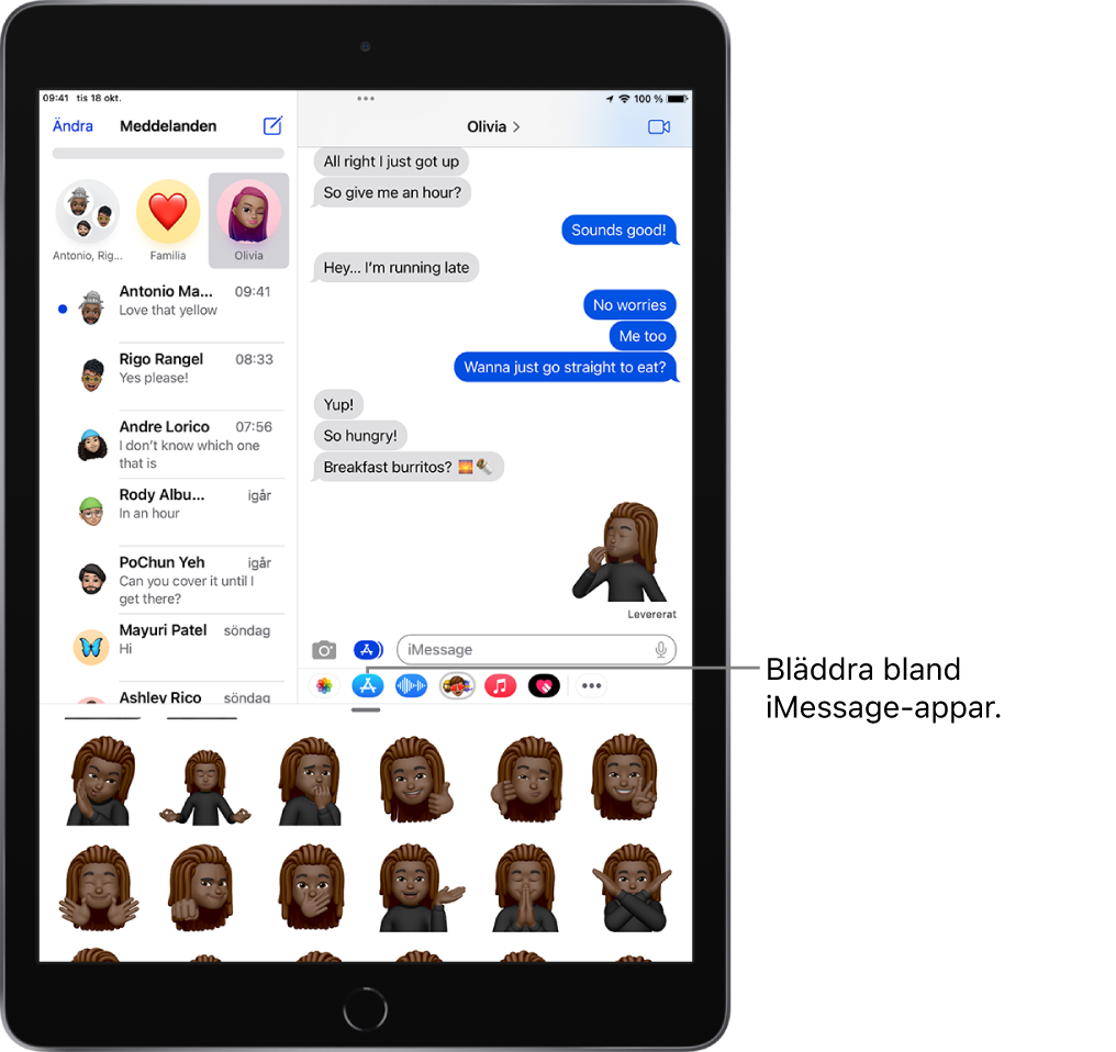 En Meddelanden-konversation med symbolen för Memoji iMessage-appen vald och Memoji-märken längst ned på skärmen.