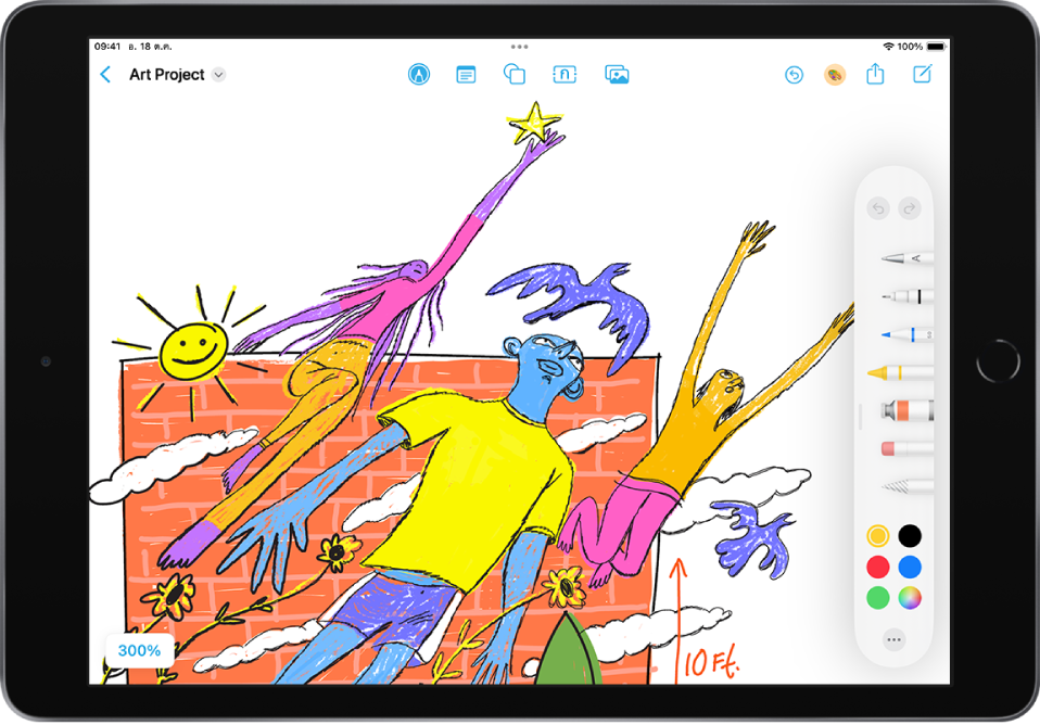 iPad ที่มีแอป Freeform และเมนูเครื่องมือการวาดเปิดอยู่ บอร์ดมีลายมือเขียนและการวาด