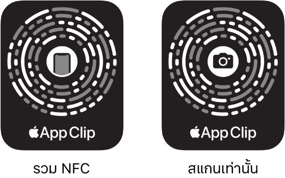 ที่ด้านซ้าย โค้ดแอปคลิปที่รวม NFC โดยมีไอคอน iPhone อยู่ตรงกึ่งกลาง ที่ด้านขวา โค้ดแอปคลิปแบบสแกนอย่างเดียว โดยมีไอคอนกล้องอยู่ตรงกึ่งกลาง