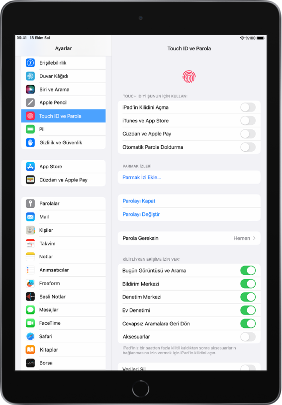 Ayarlar kenar çubuğu ekranın sol tarafında ve Touch ID ve Parola seçili. Ekranın sağ tarafında, hangi özelliklerin kilidinin Touch ID kullanılarak açılabileceğini belirleme seçenekleri var. iPad’in Kilidini Açma, iTunes ve App Store, Cüzdan ve Apple Pay ve Otomatik Parola Doldurma seçeneklerinin hepsi kapalı