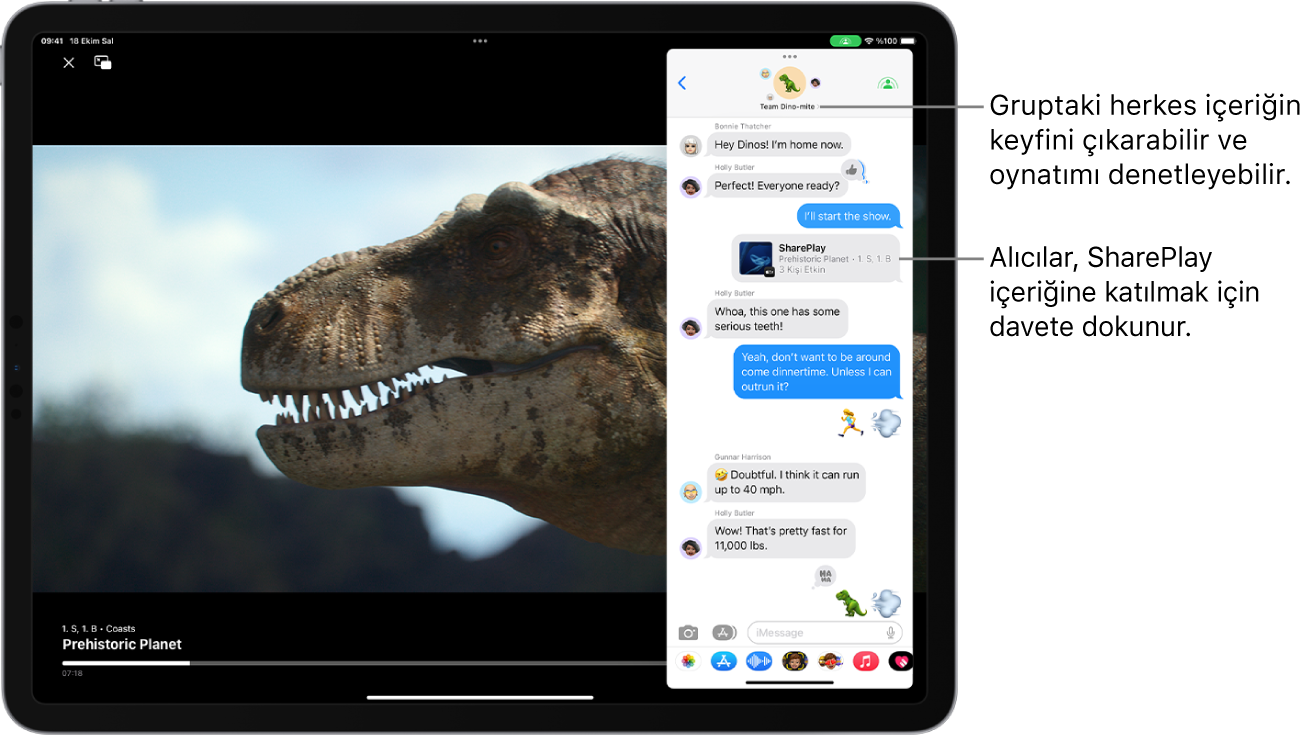 iPad ekranında bir video oynatılıyor. Videonun en üstünde bir Mesajlar grup yazışması ile gruptaki herkesin videoyu izleyip etkileşimde bulunabilmesi için bir SharePlay daveti var.