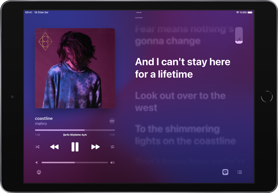 Sağ üstte Apple Music Sing sürgüsünü gösteren Şu An Çalınan ekranı.