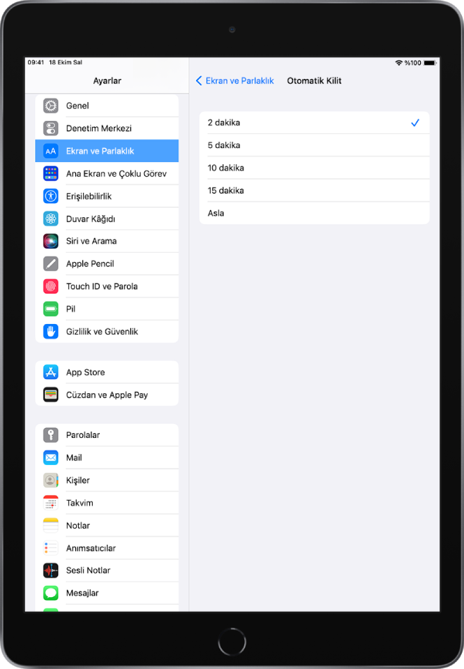 iPad otomatik olarak kilitlenmeden önceki sürenin uzunluğuyla ilgili ayarlar ile Otomatik Kilit ekranı.