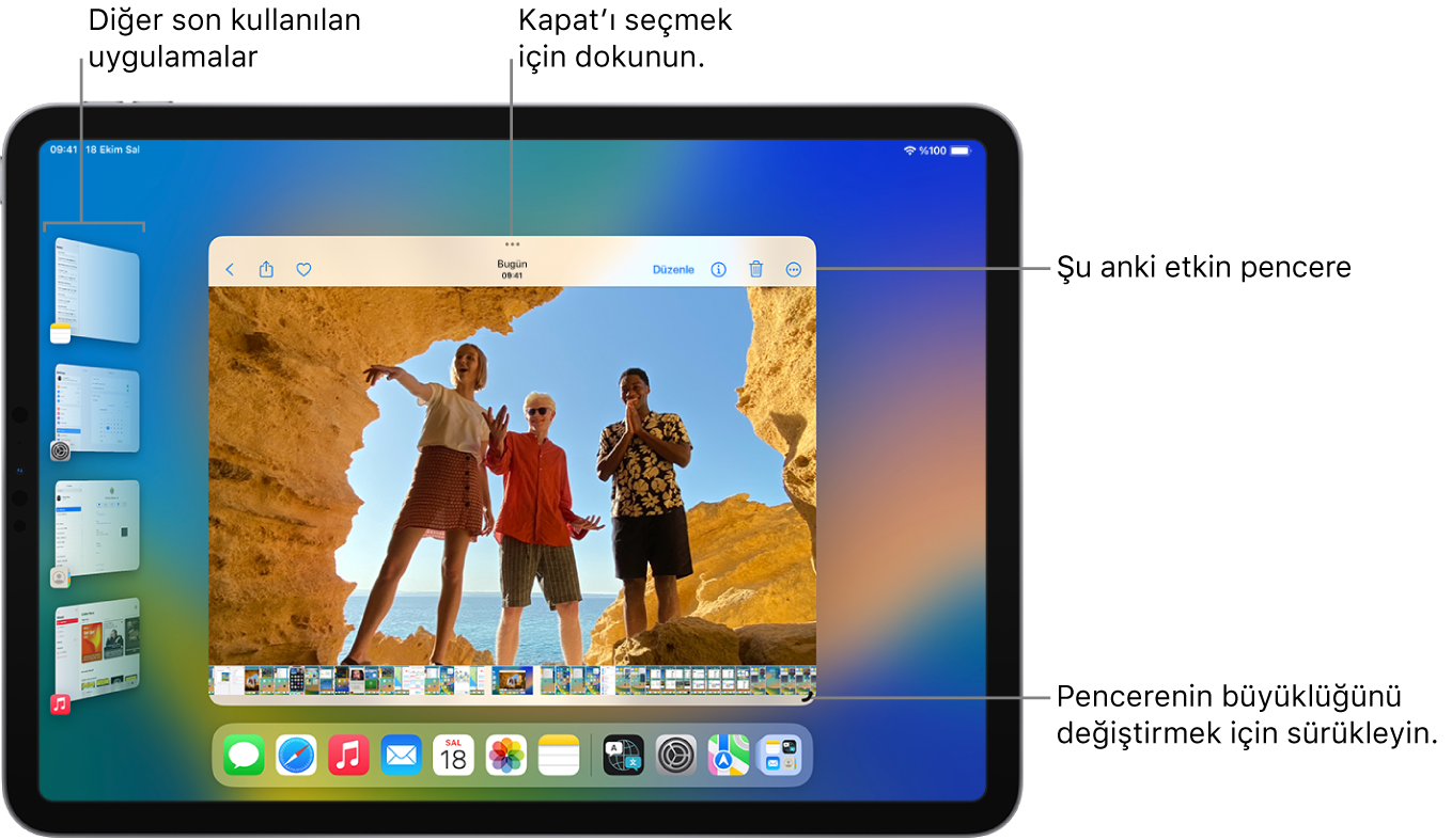 Sahne Yöneticisi açık olarak bir iPad ekranı. Şu anki pencere ekranın ortasında; çoklu görev denetimleri en üstte, büyüklük değiştirme denetimi ise sağ alt köşede. Son uygulamalar, sol taraftaki bir listede görünüyor. Dock’taki uygulamalar ekranın en altında görünüyor.